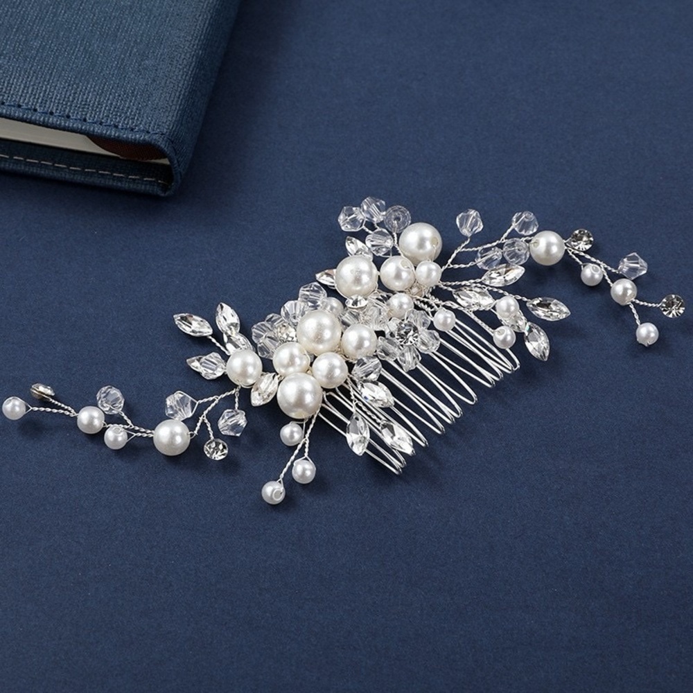 Vintage Pearl & Crystal Hair Comb - Silver